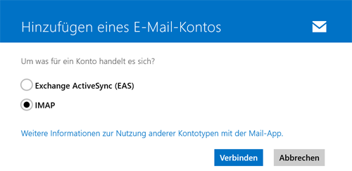 MailApp von Windows 8 - IMAP als Typ auswählen