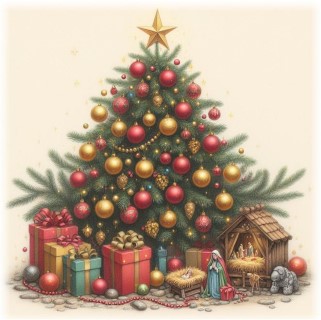 Bild eines Christbaums mit Geschenken und einer kleinen Krippe