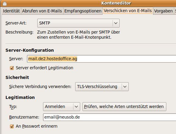 Evolution unter Linux SMTP Einstellungen