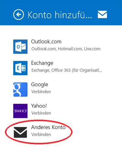 MailApp von Windows 8 - Kontentyp auswählen