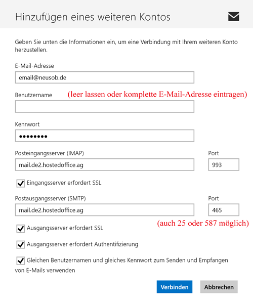 MailApp von Windows 8 - Adressen, SSL und Ports eintragen