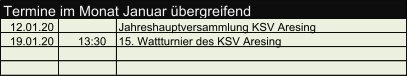 Termine im Monat Januar übergreifend 12.01.20 Jahreshauptversammlung KSV Aresing  19.01.20 13:30 15. Wattturnier des KSV Aresing