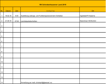 Nr. Datum Zeit I n h a l t e Ort 1 16.02.19 9:00 Ausbildung Leitungs- und Funktionspersonal beim Schießen Ingolstadt PI-Kaserne 2 21.09.19 07:00 Landratspokalschießen Stammham StOSchAnl  3 4 5 6 7 8 9 10 11 12 13 14 Anmeldung per mail: christoph@glaessel. eu RK Schrobenhausener Land 2019
