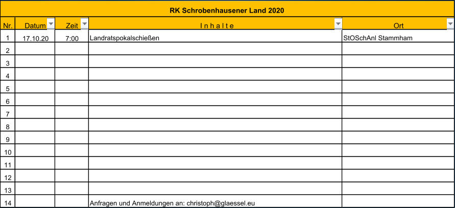 Nr. Datum Zeit I n h a l t e Ort 1 17.10.20 7:00 Landratspokalschießen StOSchAnl Stammham 2 3 4 5 6 7 8 9 10 11 12 13 14 Anfragen und Anmeldungen an: christoph@glaessel.eu RK Schrobenhausener Land 2020