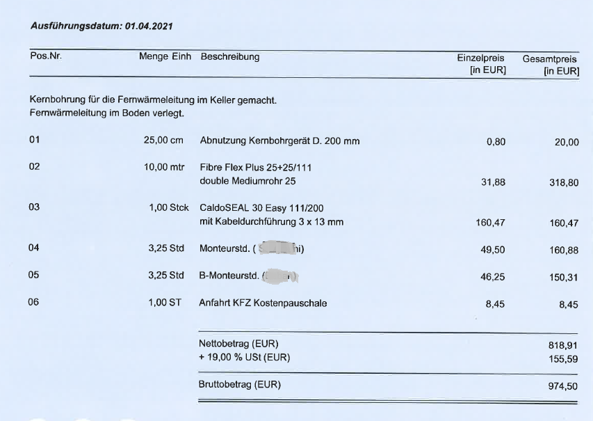 Rechnung zur Verlegung der Nahwärmeleitung